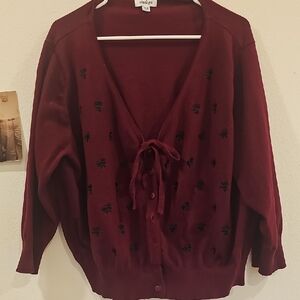 Unique Vintage Burgundy Tie-Front Cardigan with Black Embroidery